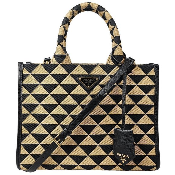 Prada Fabric Embroidered Saffiano Small Symbole Tote Nero Corda - Picture 1 of 6